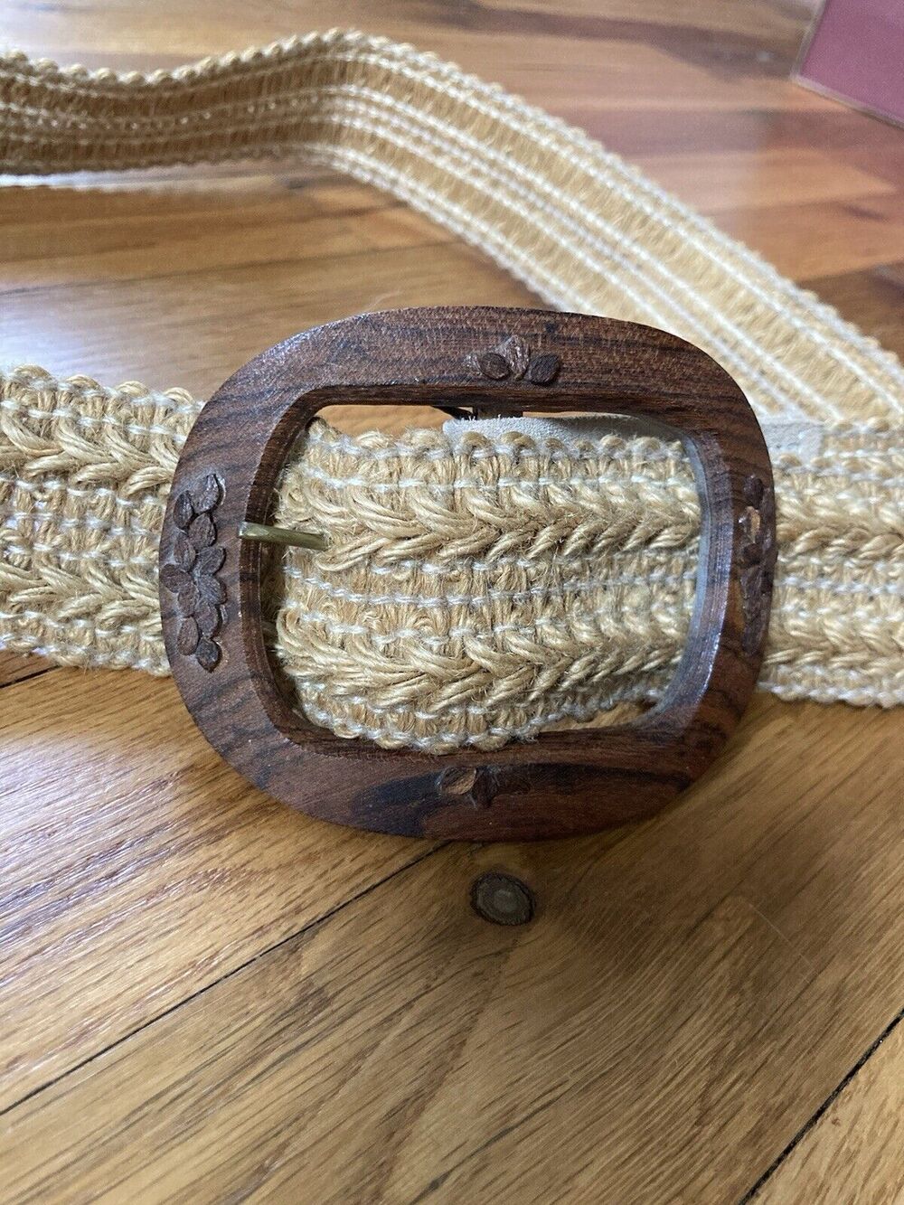 VTG Jute Rope Oval Wooden Carved Engraved Buckle Belt Hippie Boho Natural 38”